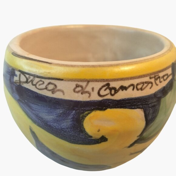 Italian Folk Pottery Pot Blue Yellow Flower Signed Hand Painted Ceramic Floral - Picture 4 of 8